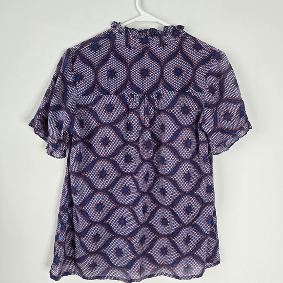 Banjanan Ruidoso Printed V Neck Semi Sheer Blouse Pockets Size S Ruffles - Picture 7 of 14